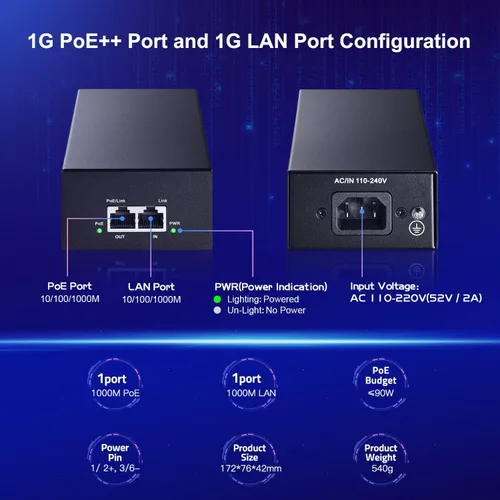 Miniatura 3 de MokerLink Inyector Gigabit PoE, 802.3af/at/bt 90W, Ethernet 10/100/1000Mbps, Plug & Play, adaptador no PoE a PoE, distancia de hasta 328.1 ft