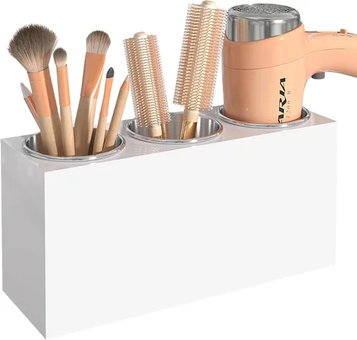 Miniatura 9 de Organizador de herramientas para el cabello, soporte para secadora de pelo de montaje en pared con 2 tazas, diseño festoneado, organizador