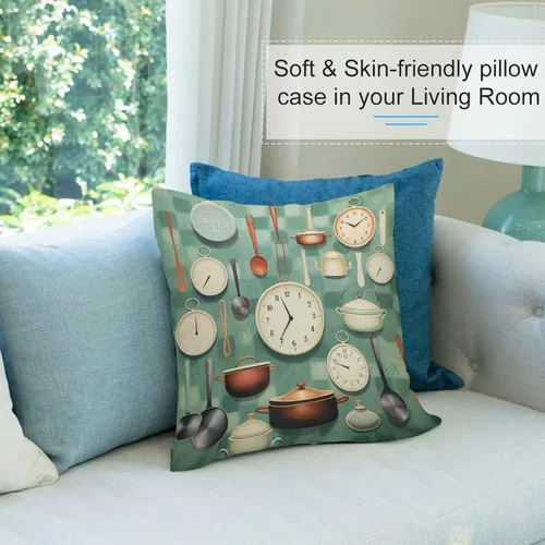 Miniatura 8 de Pots and Pans, Kitchen Clock and Cooking Art Velvet Square Decorative Throw Pillow Covers 12 "x12 Throw Pillow Covers for Outdoor Home Decor