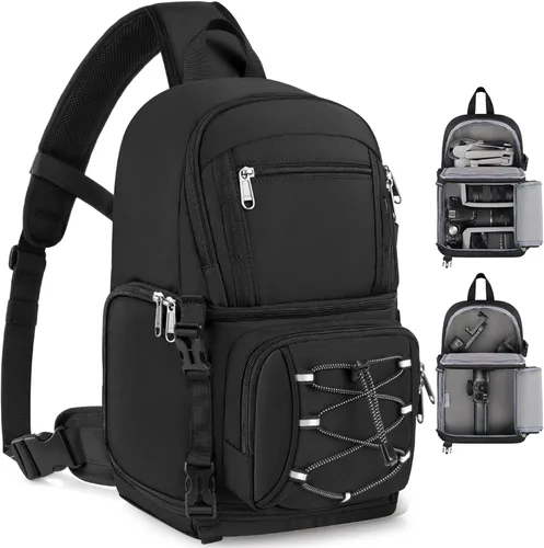 Miniatura 9 de RAINSMORE Bolsa para cámara DSLR y sin espejo para fotógrafos, impermeable, pequeña funda cruzada con inserto acolchado extraíble y soporte