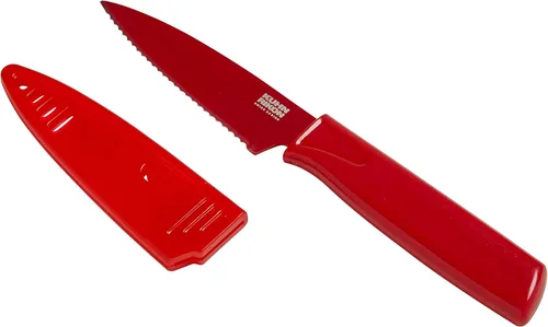 Kuhn Rikon COLORI Cuchillo de pelar dentado antiadherente con funda de seguridad, hoja de 4 pulgadas, color rojo