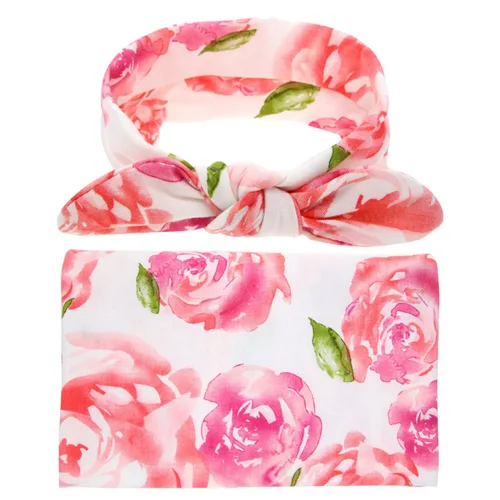 Miniatura 19 de DRESHOW BQUBO Manta de Recepción para Recién Nacido con Conjunto de Gorro con Lazo Estampado de Flores Manta Envolvente para Bebé con Gorro 1 juego