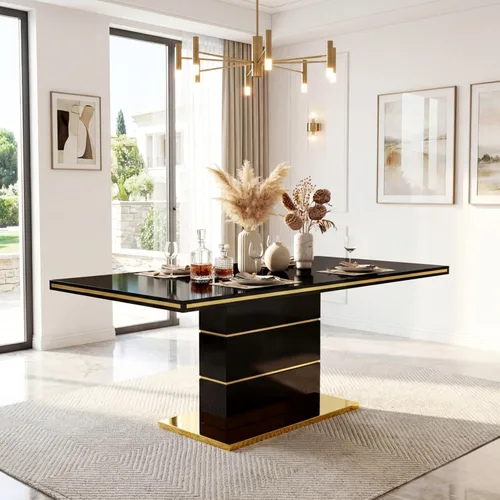 Mesa de comedor moderna negra para 6 personas, mesa de cocina rectangular de 63 pulgadas con acabado lacado dorado y base de pedestal de acero