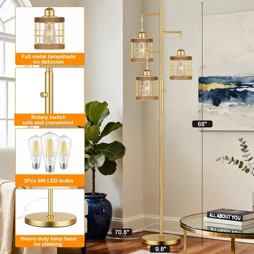 Miniatura 5 de QiMH Lámparas de pie industriales para sala de estar, lámpara de pie de árbol con regulable continuo, lámparas de 68 pulgadas de alto