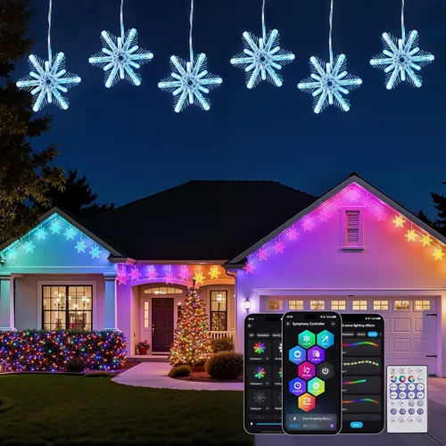 Miniatura 8 de Brightown - Luces colgantes inteligentes de copo de nieve, 12 pies, 96 ledes, 8 gotas, sincroniza con música, control desde la app, impermeable, más