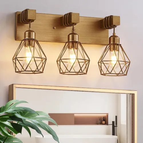 Miniatura 10 de Lámparas blancas para tocador de baño, luminarias de baño de madera de 2 luces sobre el espejo, apliques rústicos de pared con elegante pantalla