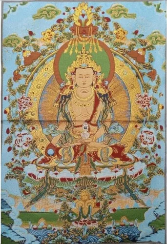 GEEYOU Bordado de seda tibetano Thangka budismo Maitreya Bodhisattva Longevidad Buddha Tangka Yoga Budista Tapiz colgante de pared Arte de pared
