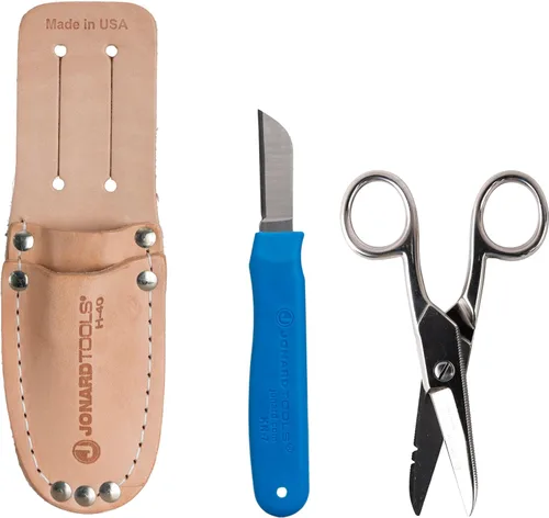 Jonard Tools TK-400 Kit de empalmadoras de 3 piezas con cuchillo de empalme incluido, tijeras de electricista y bolsa de cuero