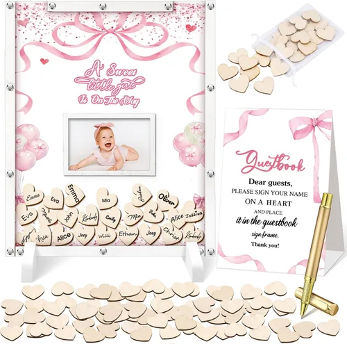 Miniatura 16 de Beeveer 65 piezas de libro de invitados para baby shower, libro de invitados azul para baby shower, libro de invitados con marco de fotos y 60 chips