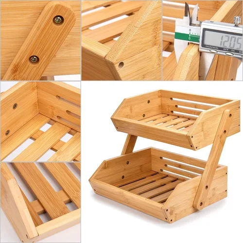 Miniatura 4 de Cesta de frutas de 2 niveles para cocina, soporte de bambú para almacenamiento de frutas y verduras para encimera de cocina, cesta de productos