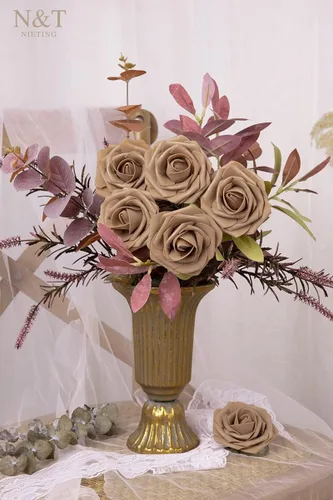 Miniatura 524 de N&T NIETING Flores artificiales, rosas artificiales de color rosa intenso, 50 piezas de flores falsas con tallo para ramos de boda DIY, centros