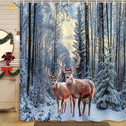 Miniatura 3 de MERCHR Cortina de Ducha de Nieve de Bosque Invernal, Cortina de Ducha de Pino Navideño y Venado Copo de Nieve para Baño, Decoración Festiva Navideña