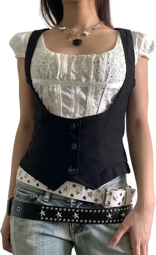 Miniatura 3 de Chaleco punk de vaqueras para mujer, ajuste delgado, halter, cuello en V, esmoquin, trajes versátiles, Vintgae Y2K Streetwear