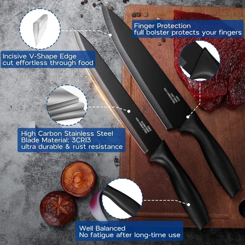 Miniatura 4 de Onader Juego de cuchillos de cocina negros, cuchillos pequeños afilados de acero inoxidable con tapas para cocina, 12 piezas