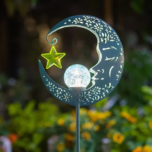 Hapjoy - Luces solares para exteriores, decoración de jardín para patio, césped o camino, decoraciones de luna, luces de estaca de metal con diseño