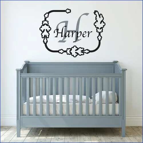 Miniatura 12 de Calcomanías de pared personalizadas con nombre de bebé en un bonito marco con ramas y hojas, calcomanías para paredes con nombre personalizado