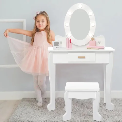 Miniatura 7 de GarveeHome Juego de tocador para niños con espejo iluminado, mesa de tocador y silla para niños, juego de maquillaje para niñas, rosa
