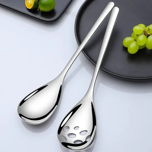 Miniatura 6 de Juego de 2 cucharas de servir, cucharas sólidas y ranuradas de acero inoxidable de 9.4 pulgadas, utensilios de cocina extra grandes y resistentes