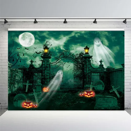 Miniatura 10 de MEHOFOND Fondo de fotografía de cementerio embrujado de Halloween de 7 x 5 pies, linterna gótica de fantasma, terror espeluznante, puerta