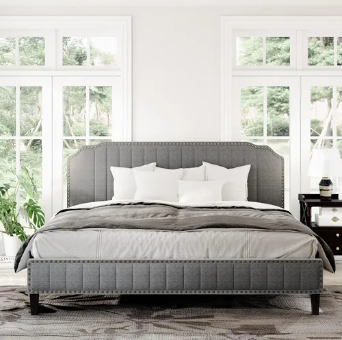 Miniatura 6 de Base de cama tapizada Queen con cabecero, base de colchón con soporte de listones de madera, cama de plataforma moderna, no necesita somier, fácil