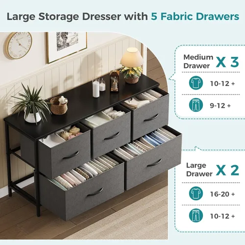 Miniatura 4 de OLIXIS Cómoda para dormitorio con 5 cajones, cómoda ancha, cómoda de tela con organizadores de cajones, unidad organizadora de almacenamiento