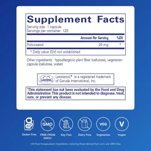 Miniatura 2 de Pure Encapsulations Policosanol 20 mg Suplemento hipoalergénico apoya el metabolismo saludable de los lípidos y la función cardiovascular* 120