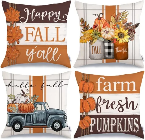 Miniatura 15 de GEEORY Juego de 4 fundas de almohada de otoño de 18 x 18 pulgadas, diseño de calabazas y tarros de masón, decoración agradecida, fundas de cojín