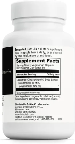Miniatura 2 de DAVINCI Labs Extracto de semilla de pomelo 400 mg – Apoya la salud intestinal digestiva y digestiva – Sin gluten, vegetariano – 60 cápsulas