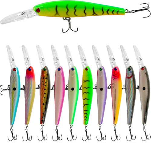 Señuelos de pesca, cebos duros, crankbait minnow, 10 piezas de buceo profundo con gancho fuerte agudos 3D ojos realistas señuelos de pesca para