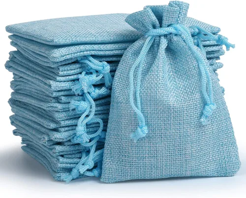 Miniatura 12 de Naler 24 bolsas de arpillera de 3.9 x 5.5 pulgadas con cordones, bolsas de regalo de lino, bolsas de joyería para bodas, recuerdos de fiesta, Azul