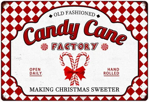 Cartel de metal de fábrica de bastones de caramelo, tema de Navidad, póster de arte retro vintage, decoración de pared del hogar para cocina,