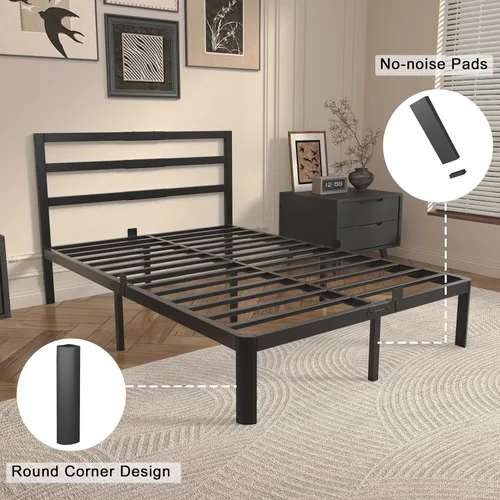 Miniatura 6 de Base de cama matrimonial de 14 pulgadas con cabecero, marco de cama de metal negro, sin necesidad de somier, juntas antideslizantes, sin ruido