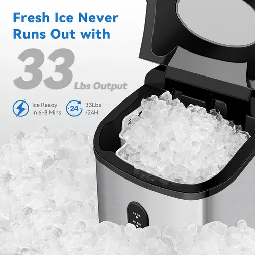 Miniatura 2 de Litake Máquina de hielo de pepita, fabricación rápida de hielo en 6-8 minutos, 33 libras/24 horas, capacidad de cesta de hielo de 1.1 libras, nivel