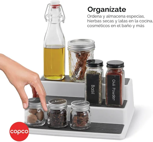 Miniatura 8 de Copco Organizador de especias de 3 niveles para armario o despensa, estante escalonado antideslizante de 10 pulgadas, diseño blanco/gris que