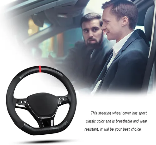 Miniatura 5 de Ergocar Funda antideslizante para volante de automóvil, protector deportivo en forma de D, fibra de carbono y cuero PU, universal para diámetro