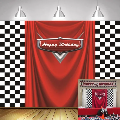 Fondos de 7 x 5 pies para automóvil con cuadrícula negra y blanca roja con temática de cumpleaños, bandera de carreras roja, fondos de fotos rojos