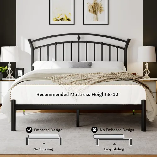 Miniatura 7 de iPormis Marco de cama de plataforma de metal de tamaño completo con cabecera moderna de arte de hierro/soporte de listones de acero de servicio