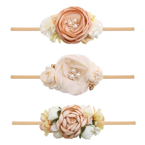 Miniatura 19 de cherrboll 3 diademas de flores para bebé, súper suaves y elásticas, de nailon, para recién nacidas Rosa (Rose Bloom)