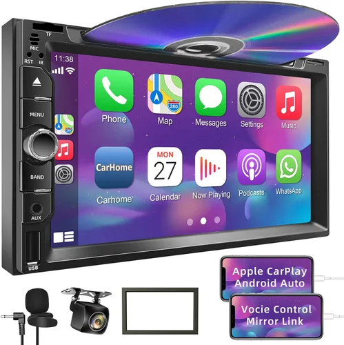 Radio de coche doble DIN con reproductor de CD/DVD, compatible con CarPlay y Android Auto, estéreo de coche de 7 pulgadas con Bluetooth, cámara