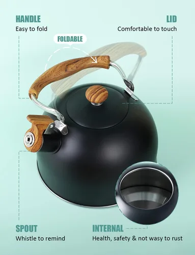 Miniatura 4 de Hervidor de Té, BELANKO 85 OZ / 2.5 Litros Hervidor de Té Silbante, Teteras para Estufa de Acero Inoxidable Grado Alimentario con Mango Plegable