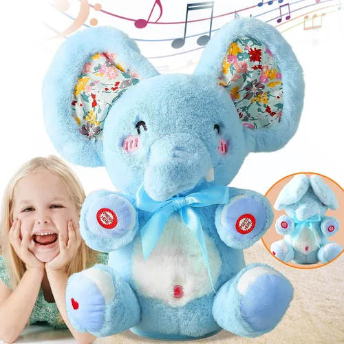 HCdoujoy Baby Blue Peek A Boo Elefante de peluche de elefante cantante, repite lo que dices, musical para niños pequeños con orejas en movimiento,
