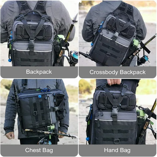 Miniatura 7 de Blisswill - Bolsa de almacenamiento para equipo de pesca al aire libre - Mochila de pesca grande resistente al agua G: negro y gris