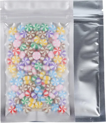 Miniatura 27 de 100 bolsas de sellado con cremallera resellables de papel metálico de color transparente esmerilado para ventana (negro, soporte 2 onzas)