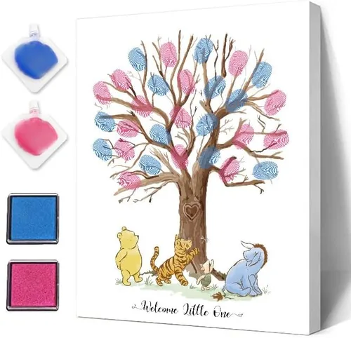 Miniatura 9 de Azbuk Libro de Invitados de Árbol de Huellas Dactilares para Revelación de Género para Baby Shower, Lienzo de Libro de Invitados de Huellas Animales
