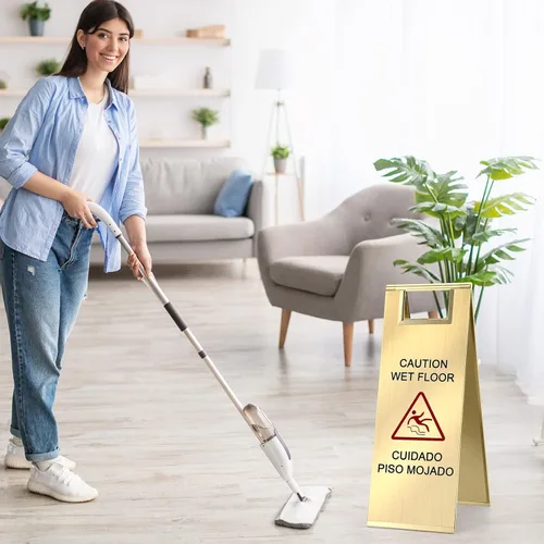 Miniatura 7 de Kigley 2 piezas señal de piso mojado, señal de precaución de piso mojado de acero inoxidable de 24 pulgadas, doble cara, portátil, plegable, señal