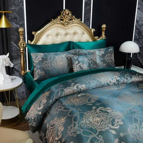 Miniatura 9 de Juego de edredón Queen de jacquard verde, juego de sábanas, elegante juego de ropa de cama de 8 piezas bordado, diseño floral neoclásico, decoración