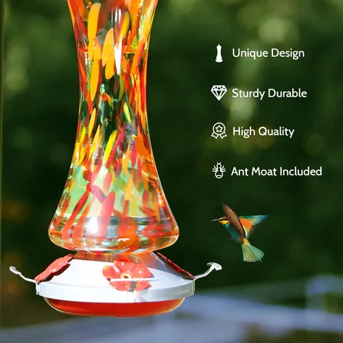Miniatura 5 de Comedero de vidrio para colibríes para exteriores: regalo de colibríes naranjas para colgar en ventana para mujeres, foso de hormigas incluido, base