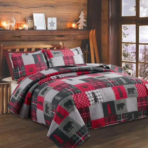 Miniatura 10 de Juego de colchas tamaño king, colcha rústica para cama, cubrecama de colcha king, ropa de cama de cabaña de campo, colcha de retazos, colcha ligera