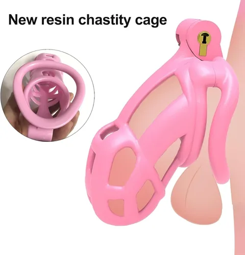 Miniatura 2 de Jaula de castidad rosa masculina 3.0, dispositivo de castidad masculina con 4 anillos para el pene, jaula ligera de resina para hombre para pene