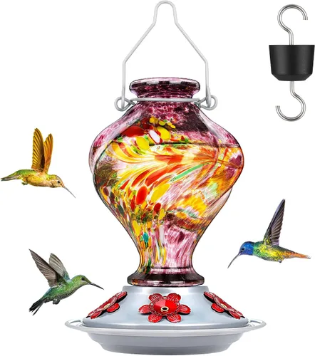 Miniatura 16 de BOLITE - Alimentador de colibríes, de vidrio soplado a mano, diseño torcido, para exteriores, con trampa para hormigas y cinco puertos de Azul